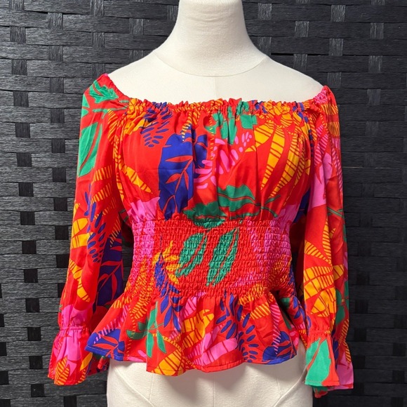 Skies Are Blue Off Shoulder Smocked Peplum Top Tropical Floral Print Large - Picture 2 of 9